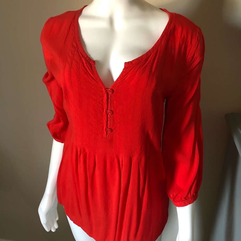 Silky Blouse Size XS Bright Orange Red Top Three Quarter Sleeve Bohemian Top